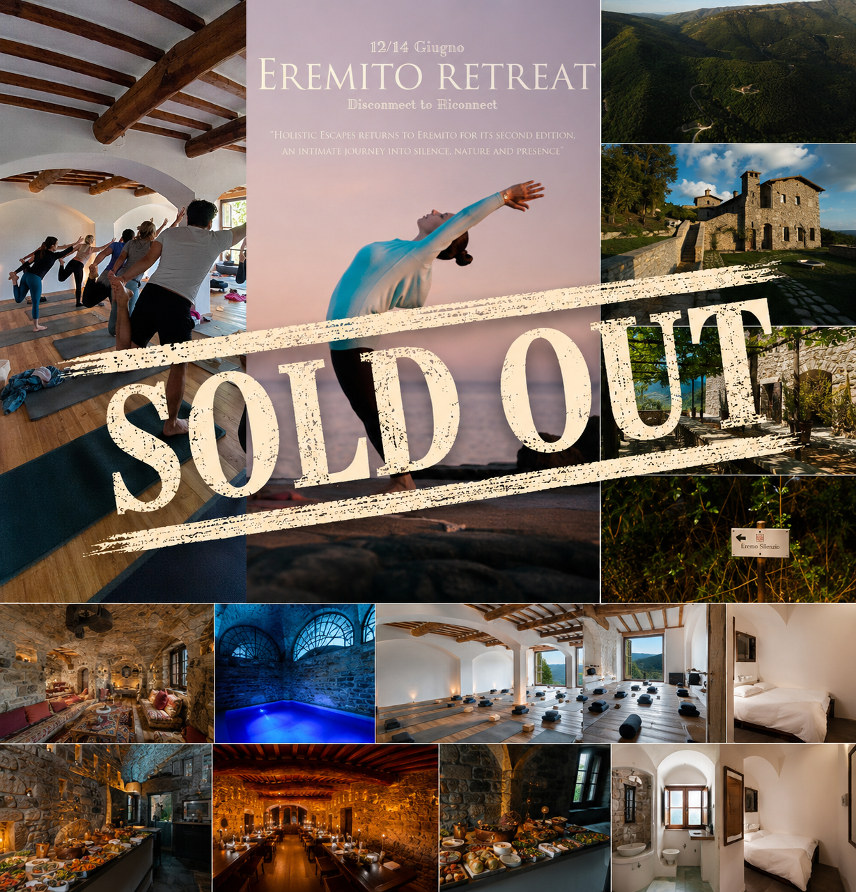 Locandina con la scritta Eremito Retreat e la fascia Sold Out