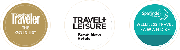 Conde Nast Traveler The Gold List, Travel + Leisure Best New Hotels and Spafinder Wellness Travel Awards seals