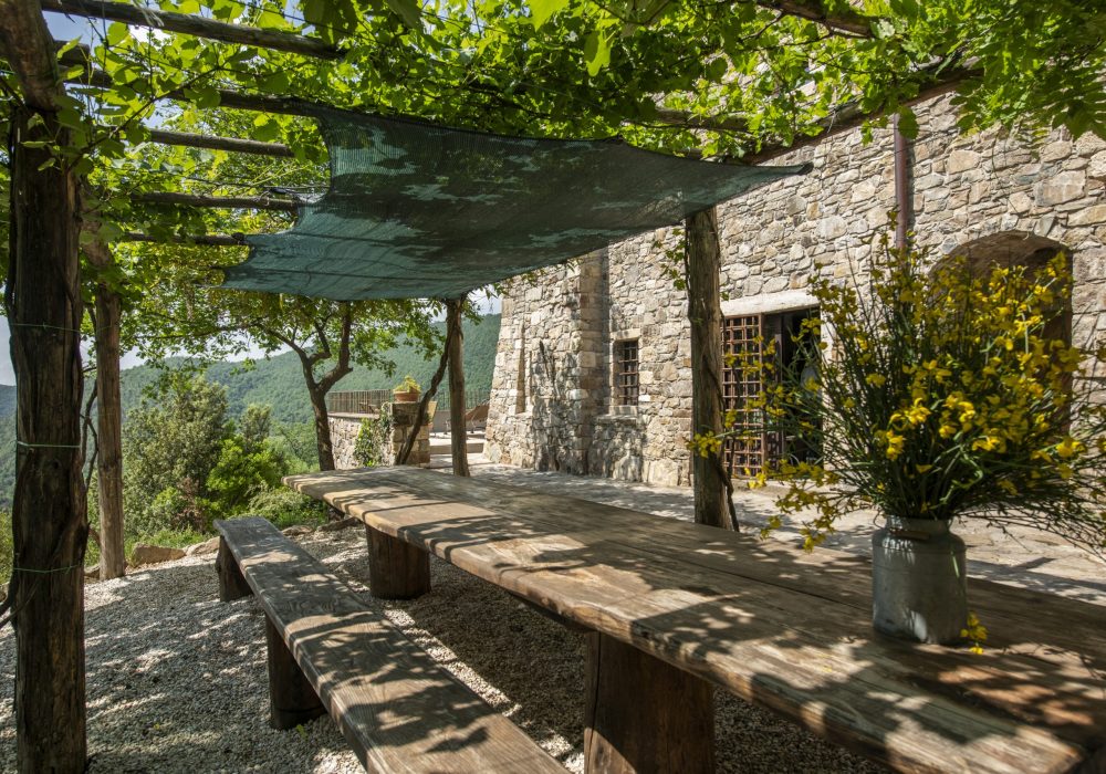 Lungo tavolo in legno sotto la pergola con vista sui boschi