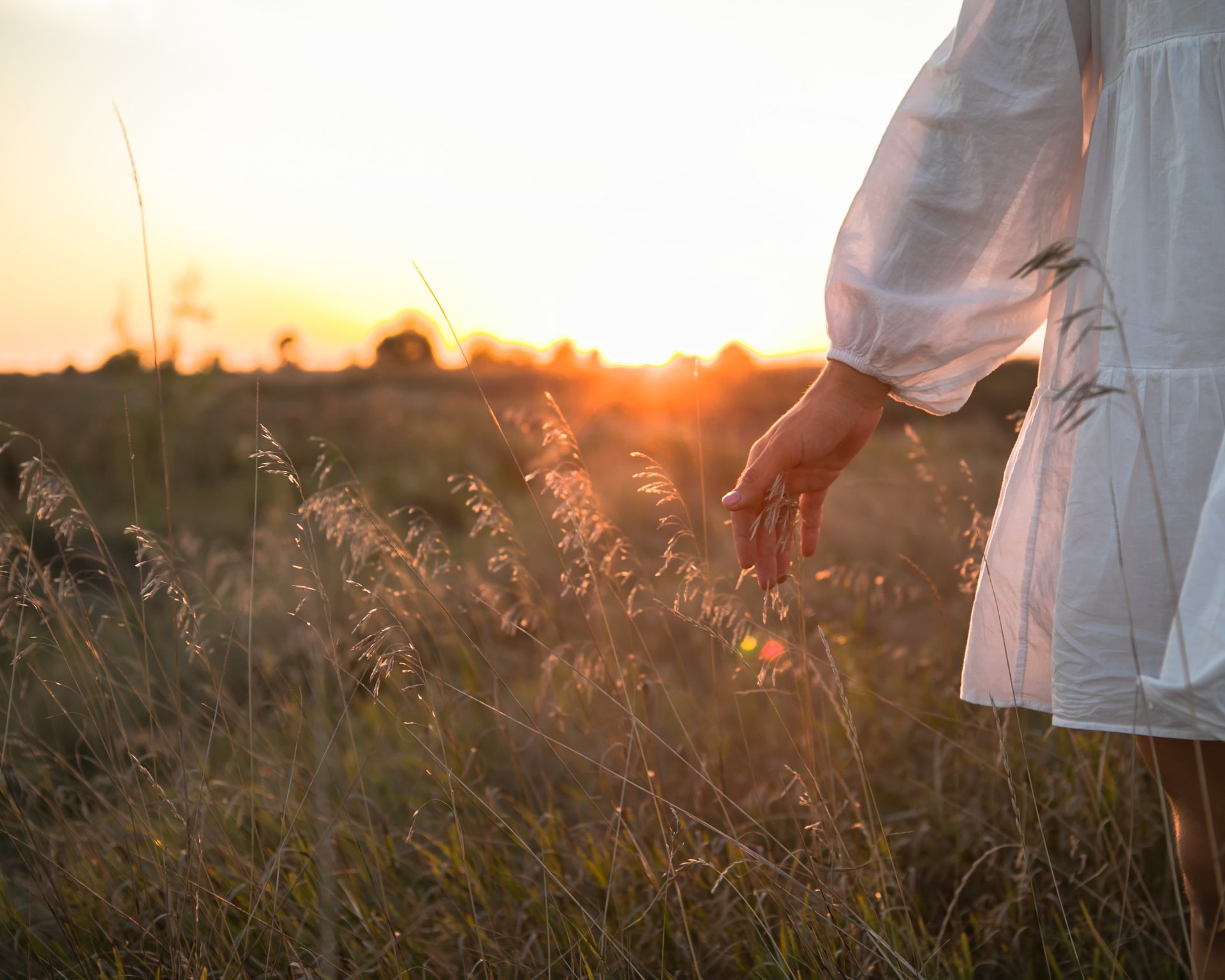 Guest dressed in white brushing the tall grass at sunset